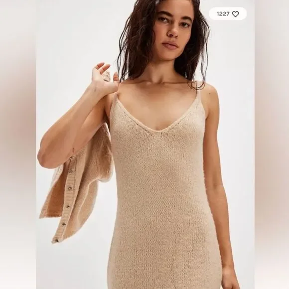 Free People Audrey Sweater Set Maxi Dress Cardigan A Line Knit Tan XS NEW NWT